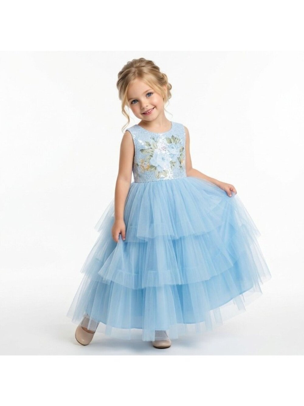 Girls Princess Party Dress Ice Blue Floral Tiered Tulle Birthday Party